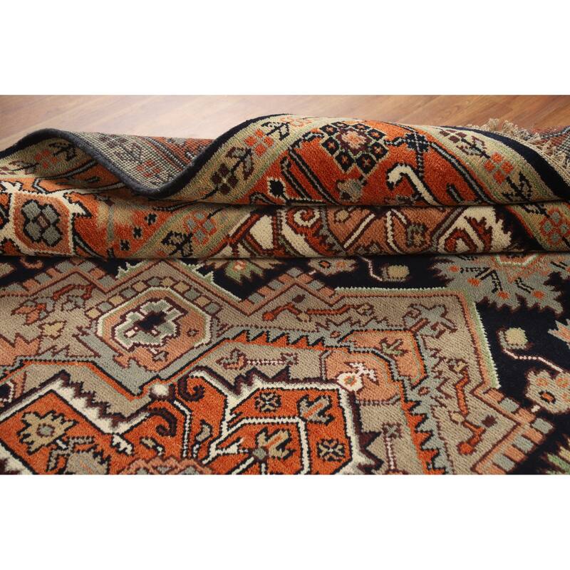 Dark Blue Heriz Serapi Indian Area Rug Hand-Knotted Wool Carpet - 8'11" x 11'11"