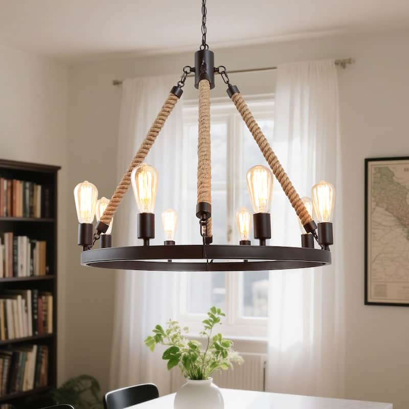 Modern Farmhouse 8-Light Wagon Wheel Chandelier for Dining Living Room - D 28" x H 26.5"