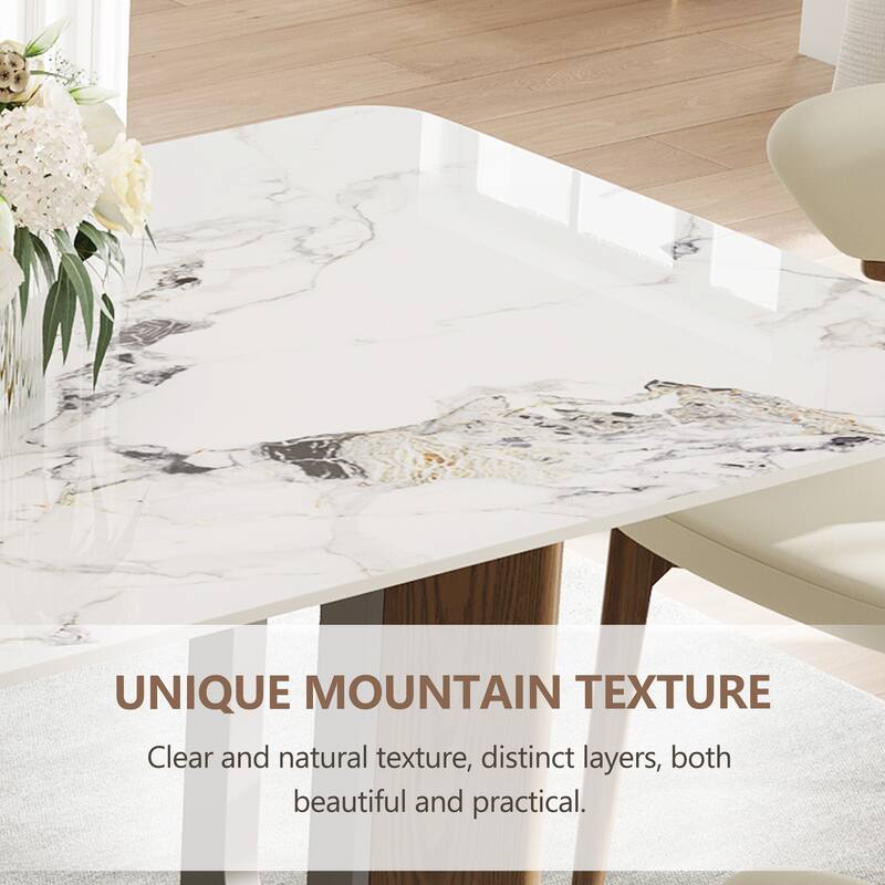 63" Modern Retangular Dining Table With Glossy White Sintered Stone Table Top, Kitchen Table With Stainless Steel Legs For 6