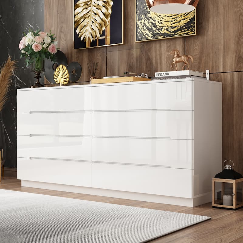 8 Drawer Double Dresser Dresser w/High Gloss Drawers Dual Chest Light - White