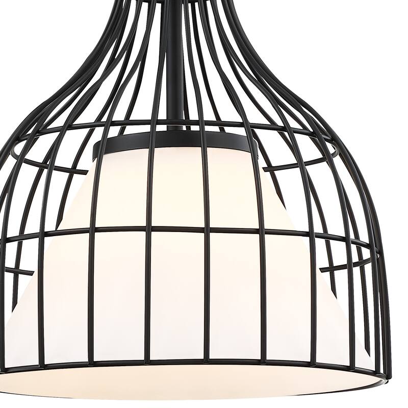 Evensong 60 Watt 1-Light Matte Black Bell Pendant with Etched Opal Glass Shade and Metal Outer Cage - 14.75