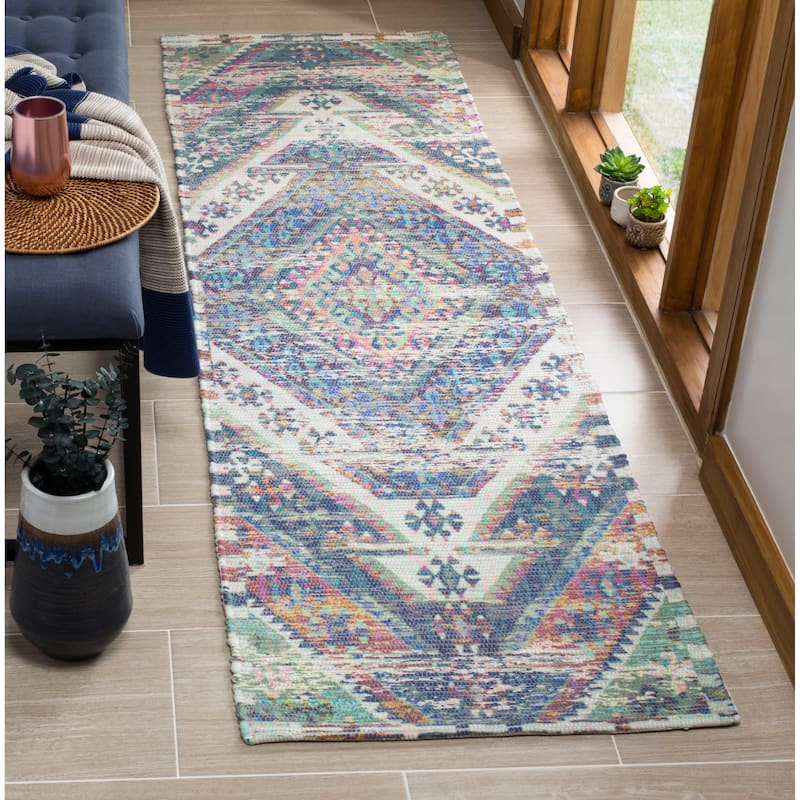 SAFAVIEH Handmade Saffron Kailee Modern Tribal Cotton Rug - 2'3" x 8' Runner - Royal Blue/Fuchsia
