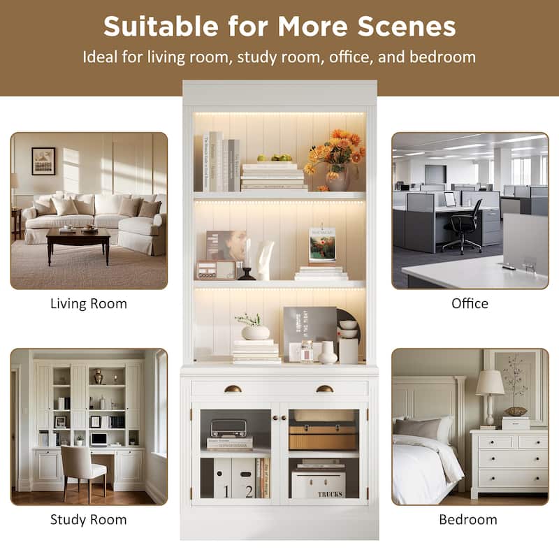 83.4" Tall Bookshelf with LED Lights, 2 Glass Doors & 1 Drawer for Living Room, Home Office