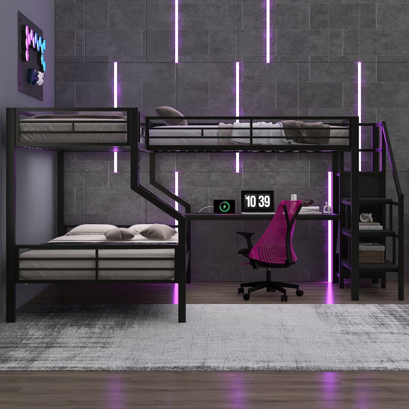 Metal L-Shaped Twin Over Full Bunk Bed with Loft Bed Frame Built-in Desk with USB, Staircase and Wardrobe for 3
