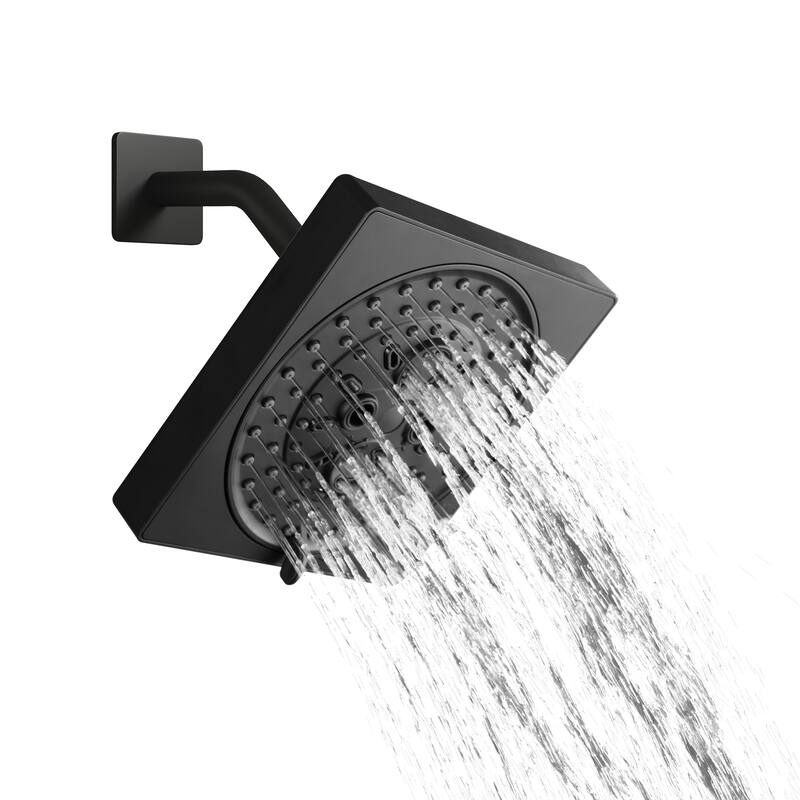 7-Spray Patterns 6.5 in. Wall Mount Rain Fixed Shower Head with Shower Arm and Flange - Matte Black - 6.5" x 6.5"