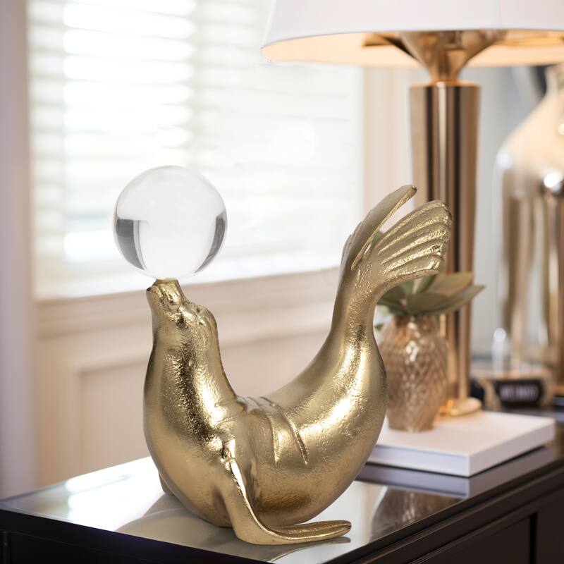 Sagebrook Home 7 Inches Gold Metal Sea Lion Figurine with Acrylic Ball - 7" x 5" x 7"