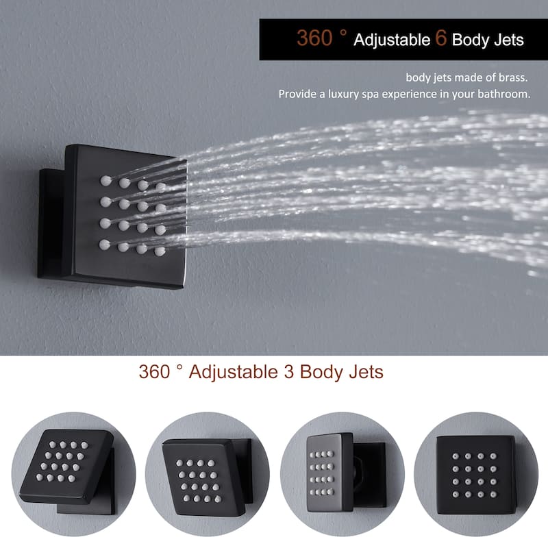 Luxury 4-Spray Patterns 23 in. Ceiling Mount Shower System with Handheld Shower Head, 6 Body Jets, LED, and Music - 15" x 23"