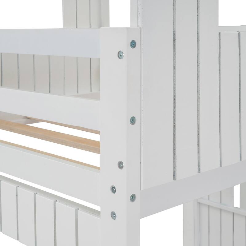 Wooden Twin Over Full Bunk Bed with Playhouse Design, Loft Bed with Ladder and Guardrails, Farmhouse Style