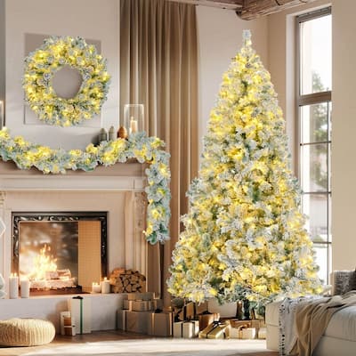 6FT Pre-Lit Christmas Tree Set with Tree & Garland & Wreath, Hinged Xmas Tree with Colorful LED Lights & 8 Lighting Modes