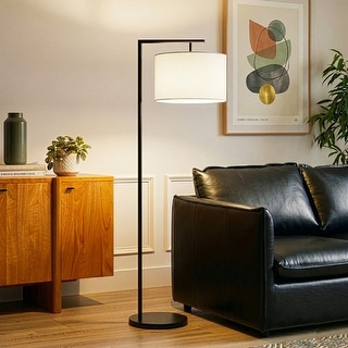 Brightech Montage Modern 60 in. Contemporary Arc LED Color Adjusting Floor Lamp with White Fabric Drum Shade