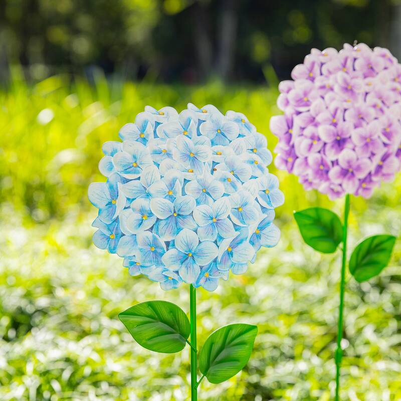 Glitzhome Set of 3 Metal Dimensional Flowers Yardstake Hydrangea Pick Wall Decor