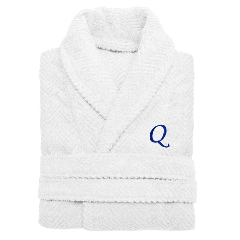 Authentic Hotel and Spa White with Royal Blue Monogrammed Herringbone Weave Turkish Cotton Unisex Bath Robe - S/M - Q
