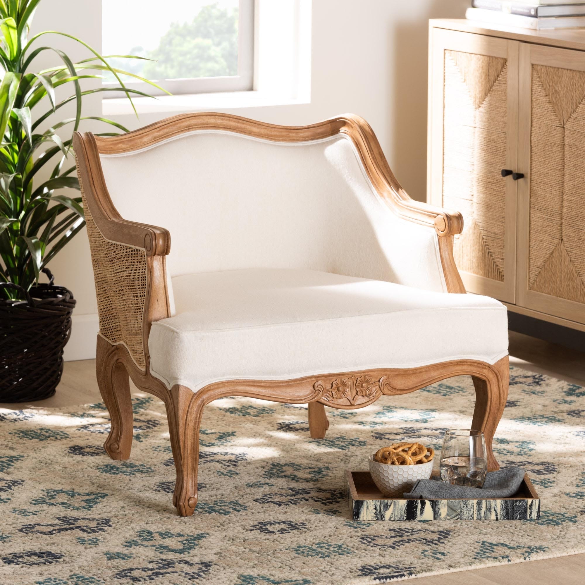 bali & pari Sylvestra Traditional French Beige Fabric and Honey Oak Finished Wood Low Seat Accent Chair