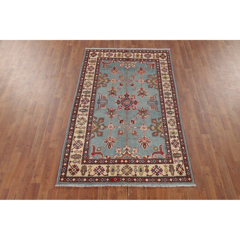 Light Blue Geometric Kazak Oriental Accent Rug Handmade Wool Carpet - 3'10" x 6'5"