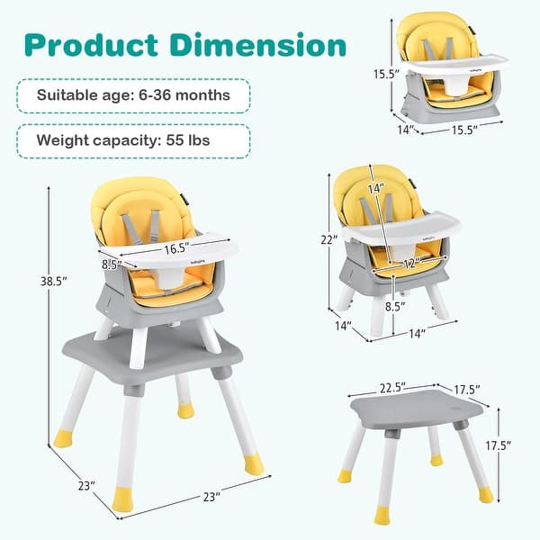 dimension image slide 3 of 4, Costway 8-in-1 Baby High Chair Convertible Dining Booster Seat with