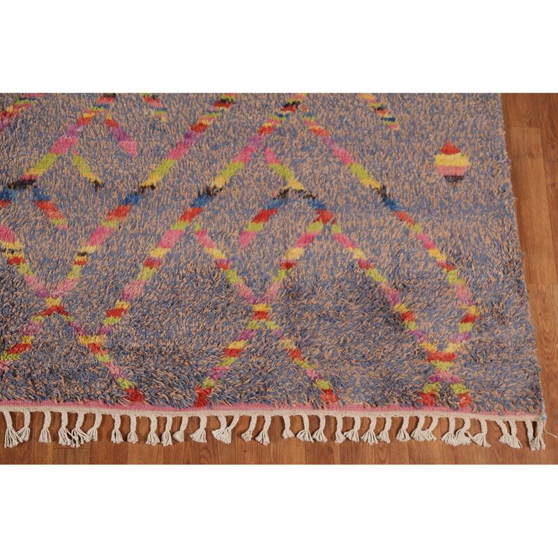 Blue & Brown Plush Moroccan Oriental Area Rug Handmade Wool Carpet - 8'9"x 12'6"