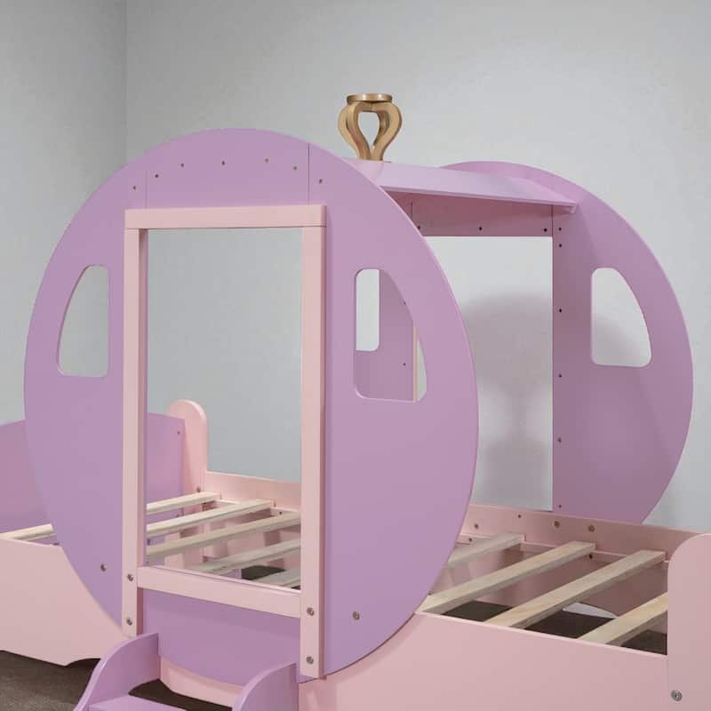 Twin Size Princess Carriage Bed with Crown and Stairs, Kids Wooden Platform Bed Frame with Slats and Fairy Tale Design