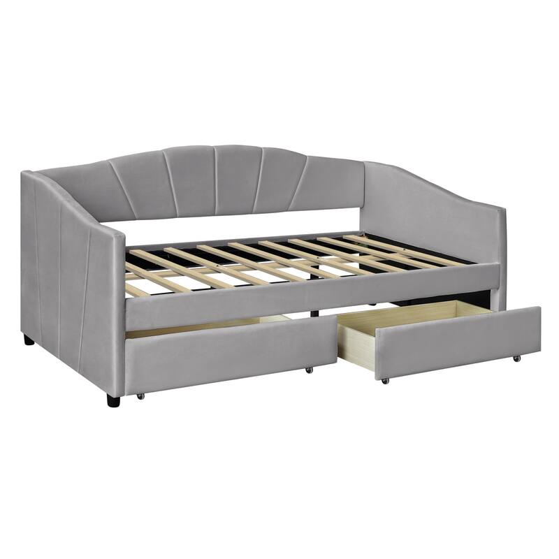 Twin Size Daybed Frame Rays Pattern Design Velvet Upholstered Daybed with 2 Drawers or Trundle, Wood Slat Support