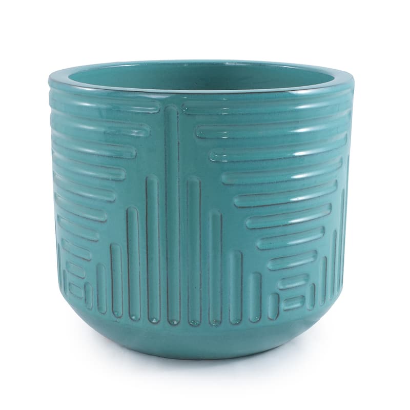Turquoise Ceramic Planter - 16 Inch Square Modern Striped Flower Pot with Drainage Hole