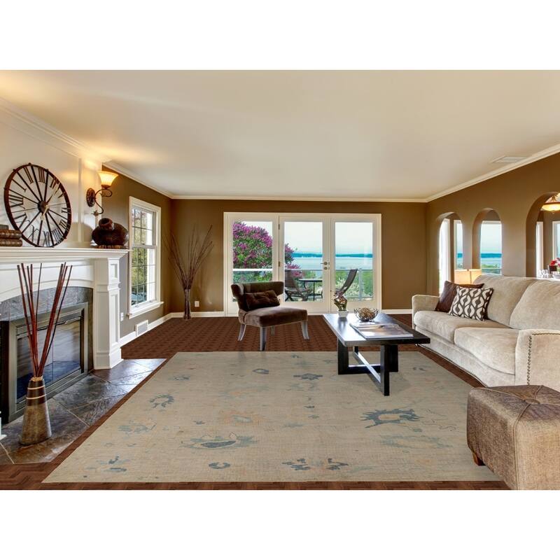 Beige Oushak Turkish Rug Hand-Knotted Transitional Wool Carpet - 9'2"x 11'3"