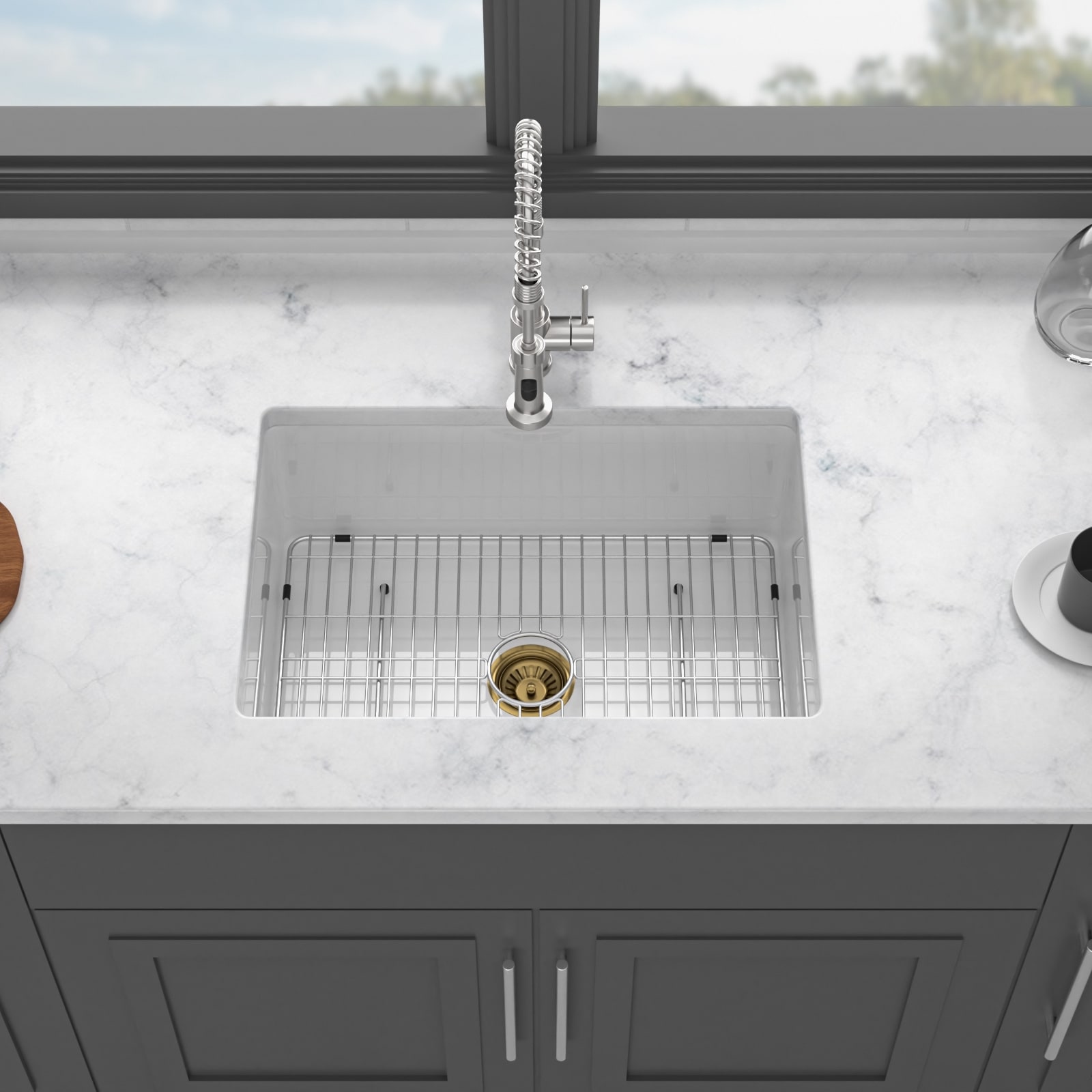 Undermount Single Bowl Porcelain Fireclay Rectangular Kitchen Sink in White