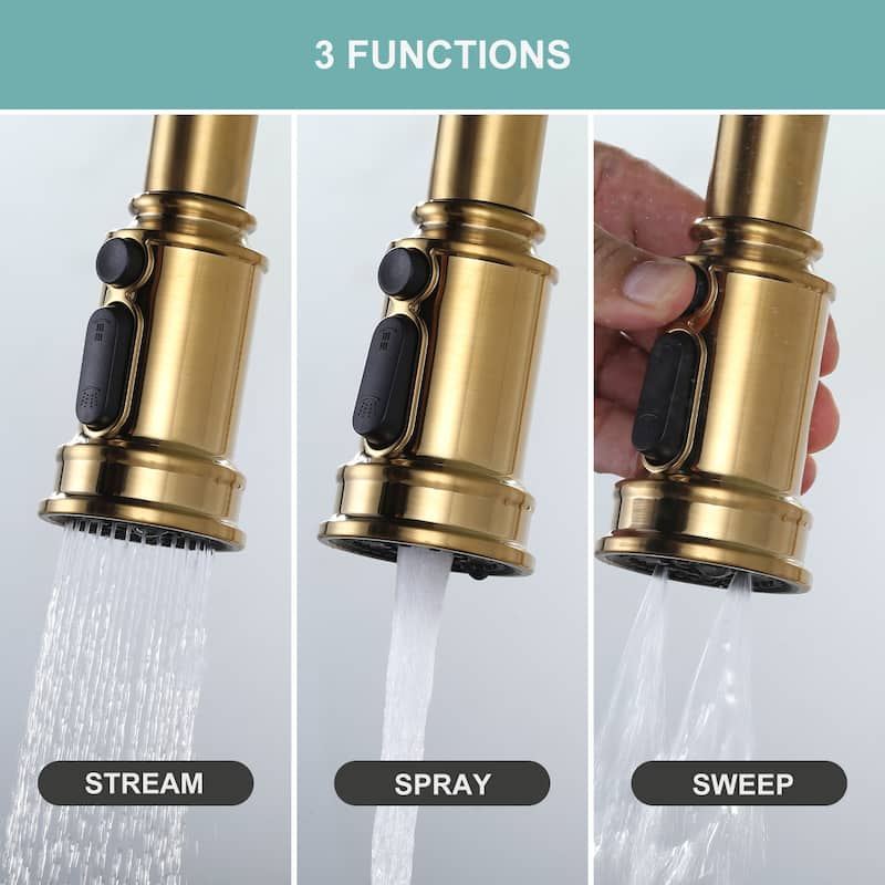 WOWOW Double Handle Bridge Kitchen Faucet with Advanced Spray