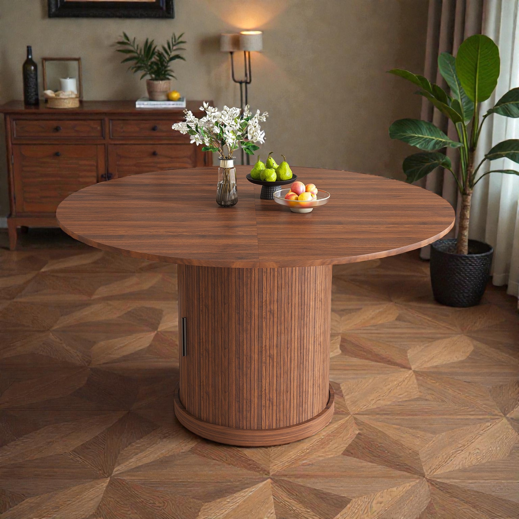 59 Inch Extendable Oval Dining Table with 2 Tier Storage, Walnut Finish MDF Pedestal Table for 4-6