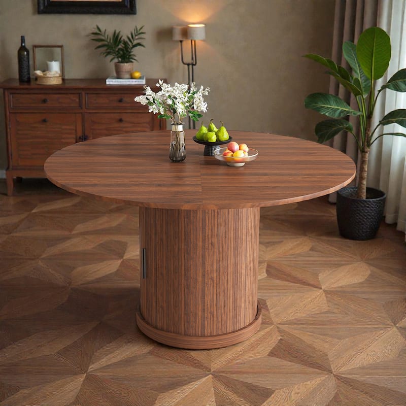 59 Inch Extendable Oval Dining Table with 2 Tier Storage, Walnut Finish MDF Pedestal Table for 4-6 - Walnut