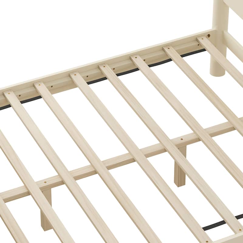 Queen Size Wood Platform Bed with Headboard, Solid Wood Legs, No Box Spring Needed, Beige