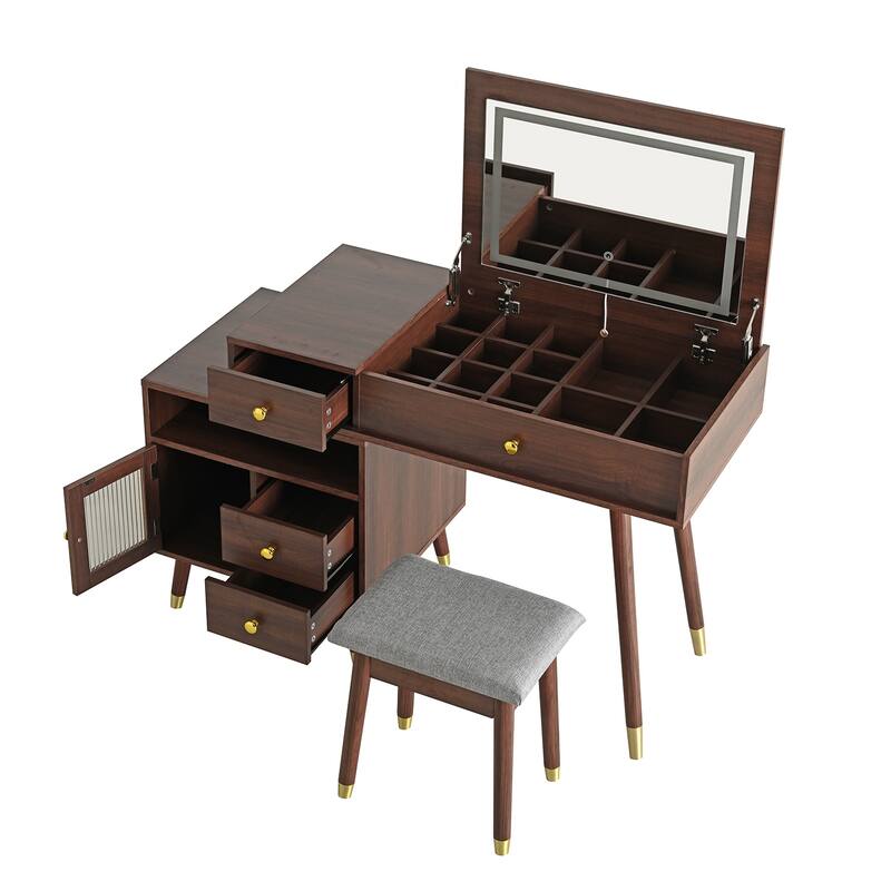 3-in-1 Vanity Desk with Lighted Flip-Top Mirror & Retractable Side Cabinet, Vanity Set with Stool & Storage Drawers