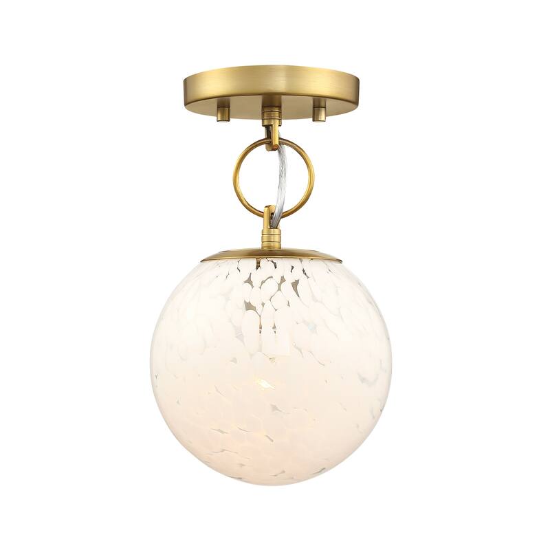 Wine Flower 7 in. 1-Light Brushed Gold Glam Semi Flush Mount with White Art Glass Shade for Bedrooms - 11.75