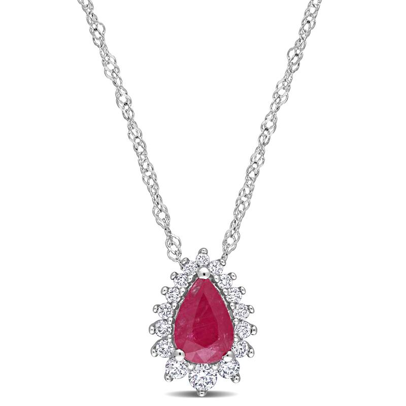 Miadora Pear-cut Ruby and 1/8ct TDW Diamond Graduated Halo Teardrop Necklace in 14k White Gold