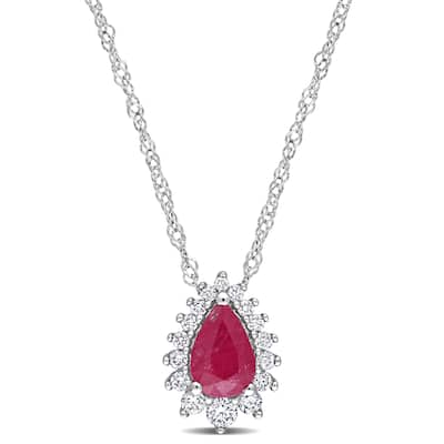 Miadora Pear-cut Ruby and 1/8ct TDW Diamond Graduated Halo Teardrop Necklace in 14k White Gold