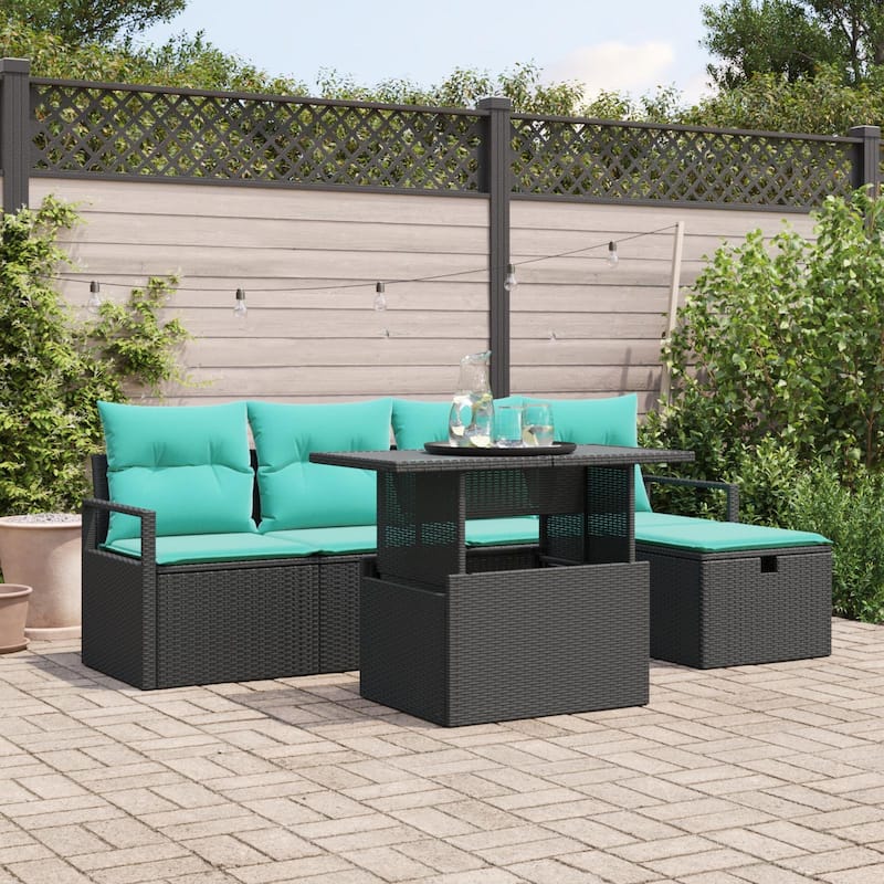 vidaXL 6 Garden Sofa Set with Cushions Black/Brown/Grey Poly Rattan - 90.6 x 46.1 x 27.2 - Black