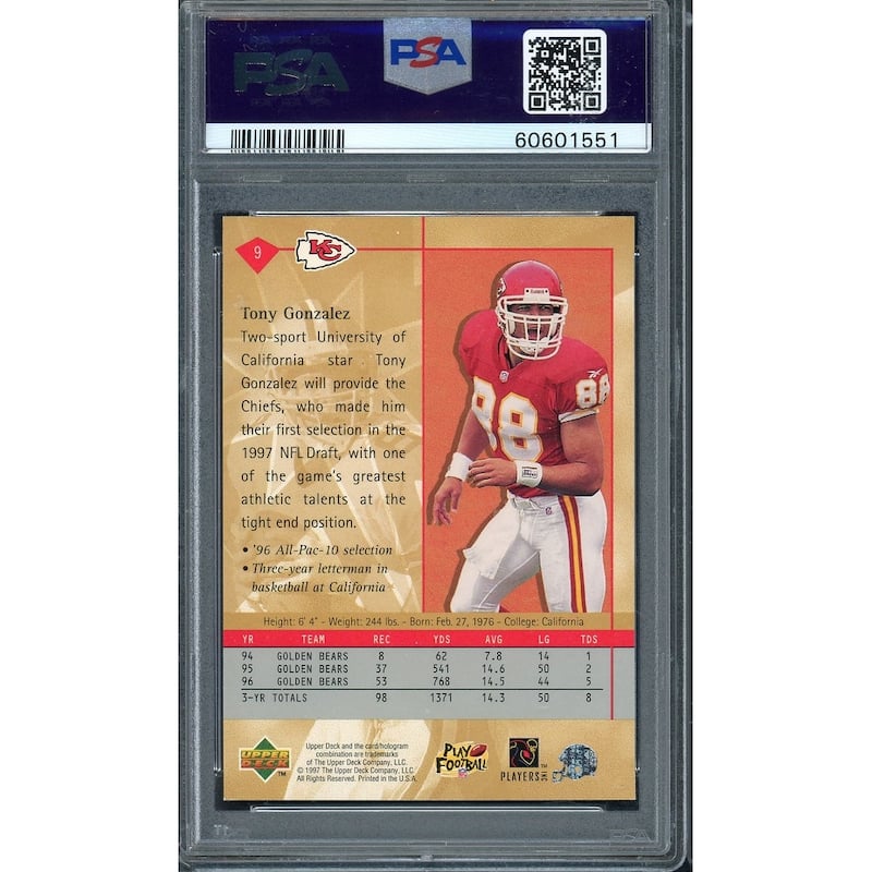 Tony Gonzalez 1997 Upper Deck Football Rookie Card #9 Graded PSA 7 - 8'6" x 11'6"