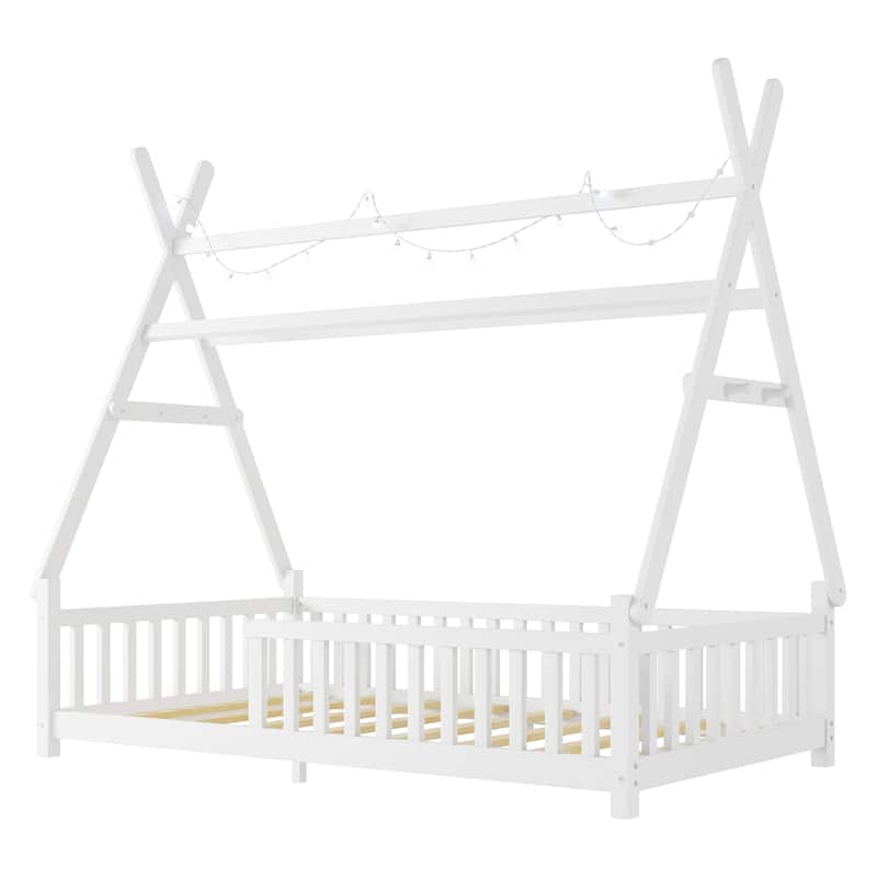 GDF Studio - Fairmont Twin House Bed with Roof, Fence, and LED Light