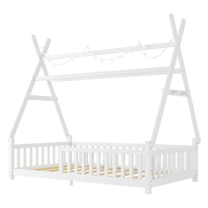 Twin House Bed with Light, Low Floor Design, Fence and Roof for Kids, White