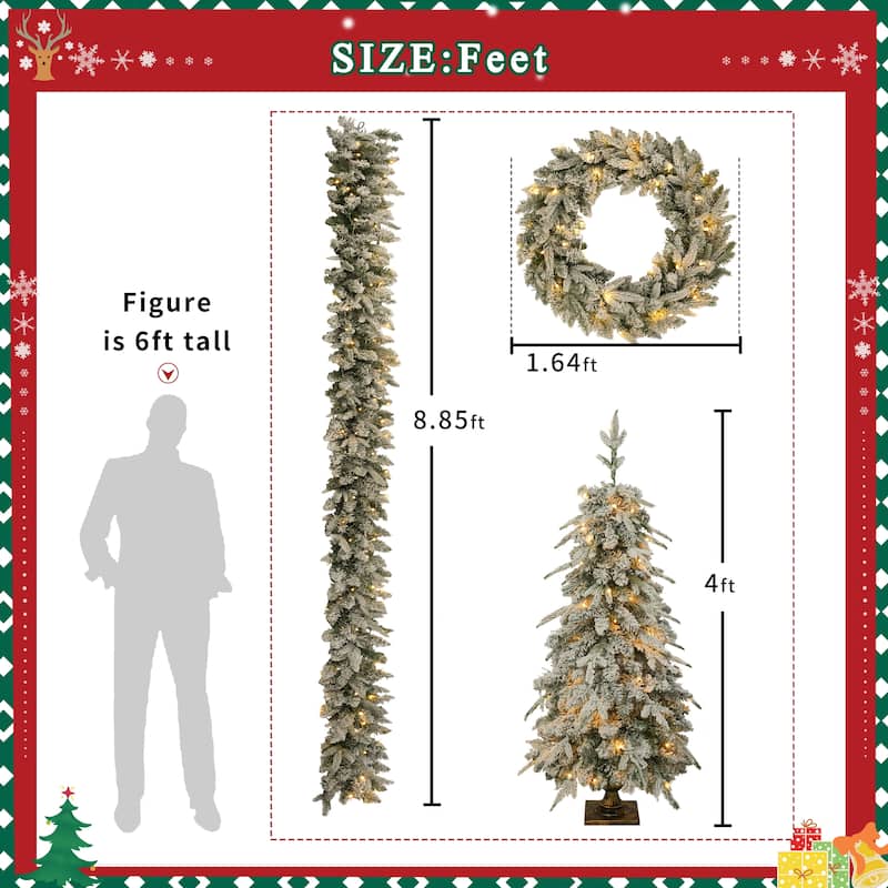 Pre-lit Christmas Artificial Tree 4-Piece Set, Garland, Wreath and Set of 2 Entrance Trees, X-mas with LED Lights, PVC
