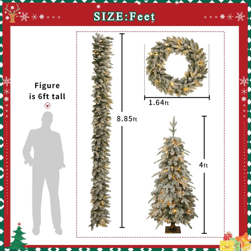 Roomfitters Pre Lit Christmas Artificial Tree Set, Includes Garland, Wreath and 2 Entrance Trees for Holiday Decoration, Green