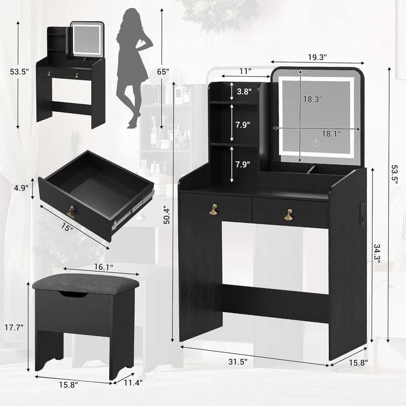 2 Drawers Makeup Vanity Table with LED Light Mirror and Charging Station