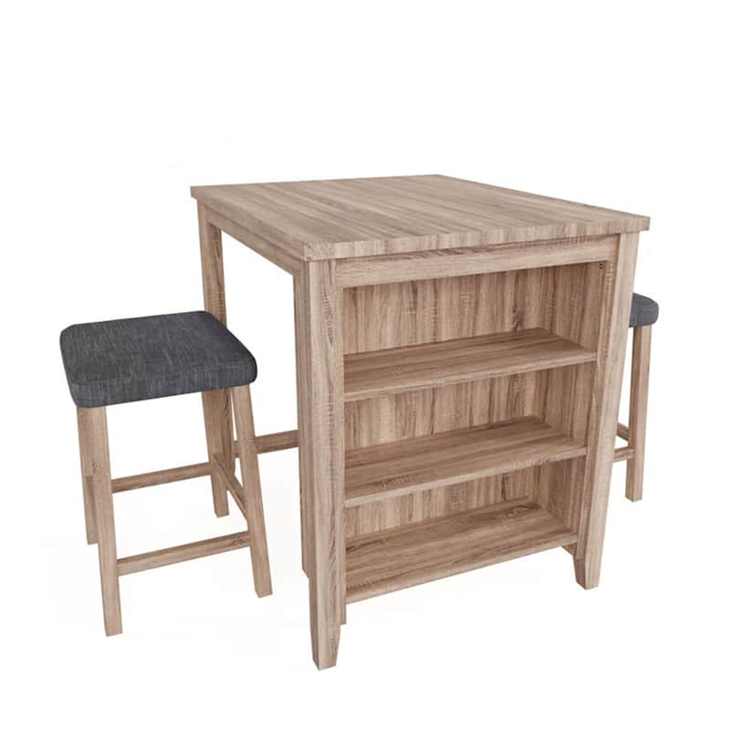 Dawny 3pc Counter Height Table Set with Stools, Shelves, Brown Oak Wood