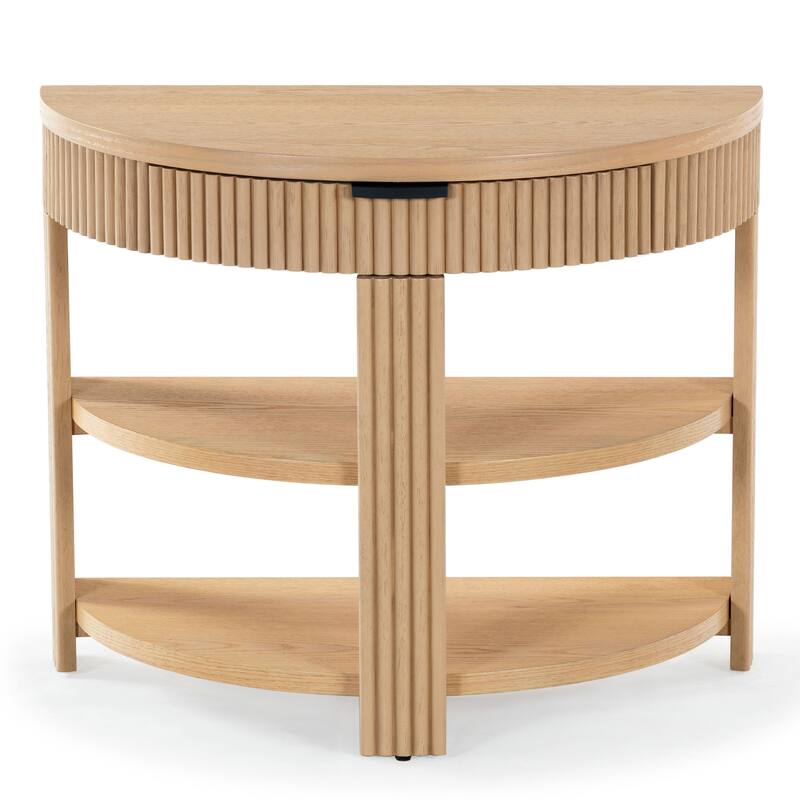 SAFAVIEH Couture Shelbie Reeded 1-Drawer 2-Shelf Half Moon Console Table - 32"W x 16"D x 26"H - Oak/Black