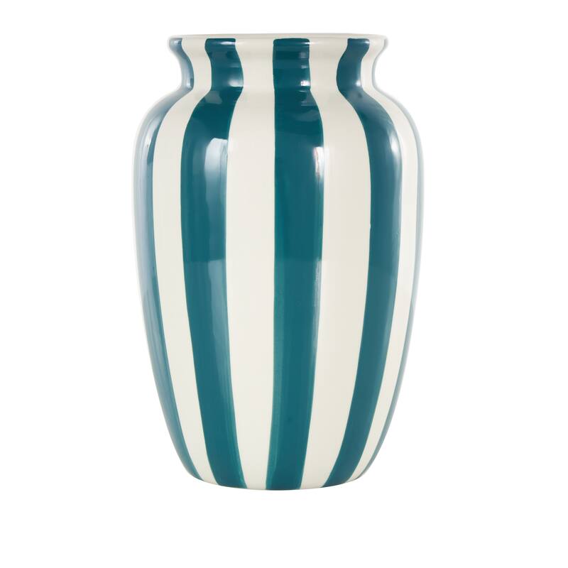 White Ceramic Round Wide Decorative Vase with Yellow or Teal Vertical Stripes