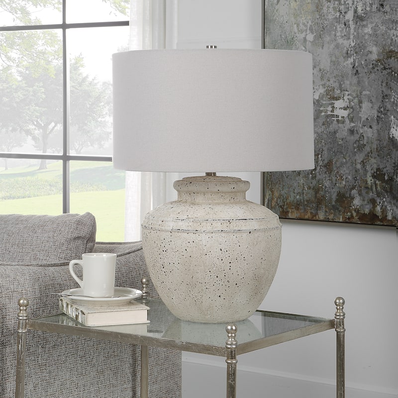 Distressed Stone Table Lamp with Drum Shade - 24.5" - White