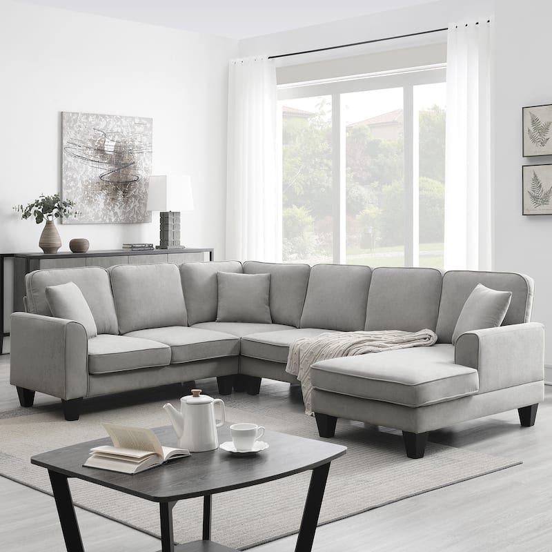 Grey 108" Modern U-Shaped 7-Seater Sofa Set with 3 Accent Pillows and Chaise for Living Room Enjoyment - LIGHT GREY