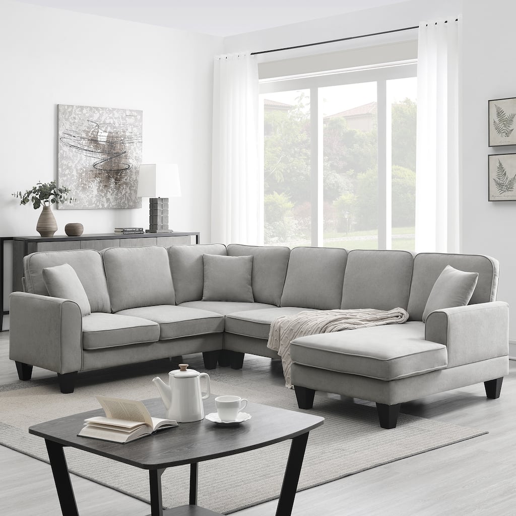 Grey 108" Modern U-Shaped 7-Seater Sofa Set with 3 Accent Pillows and Chaise for Living Room Enjoyment