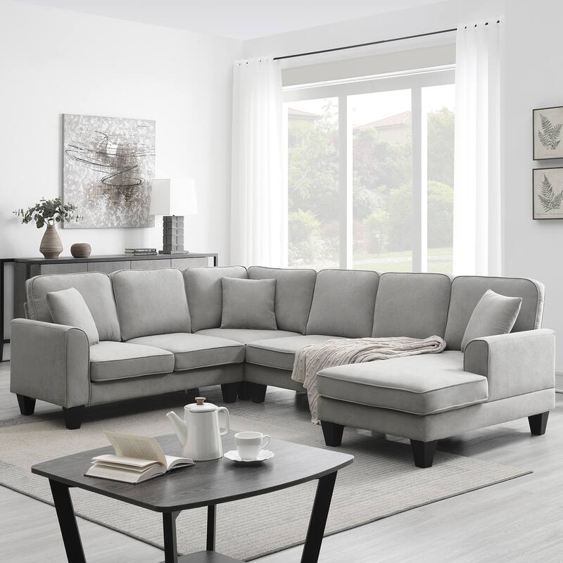 Grey 108'' Spacious U-Shaped 7 Seater Sectional Sofa Set with 3 Pillows and Chaise Ideal for Living Room, Apartment - LIGHT GREY