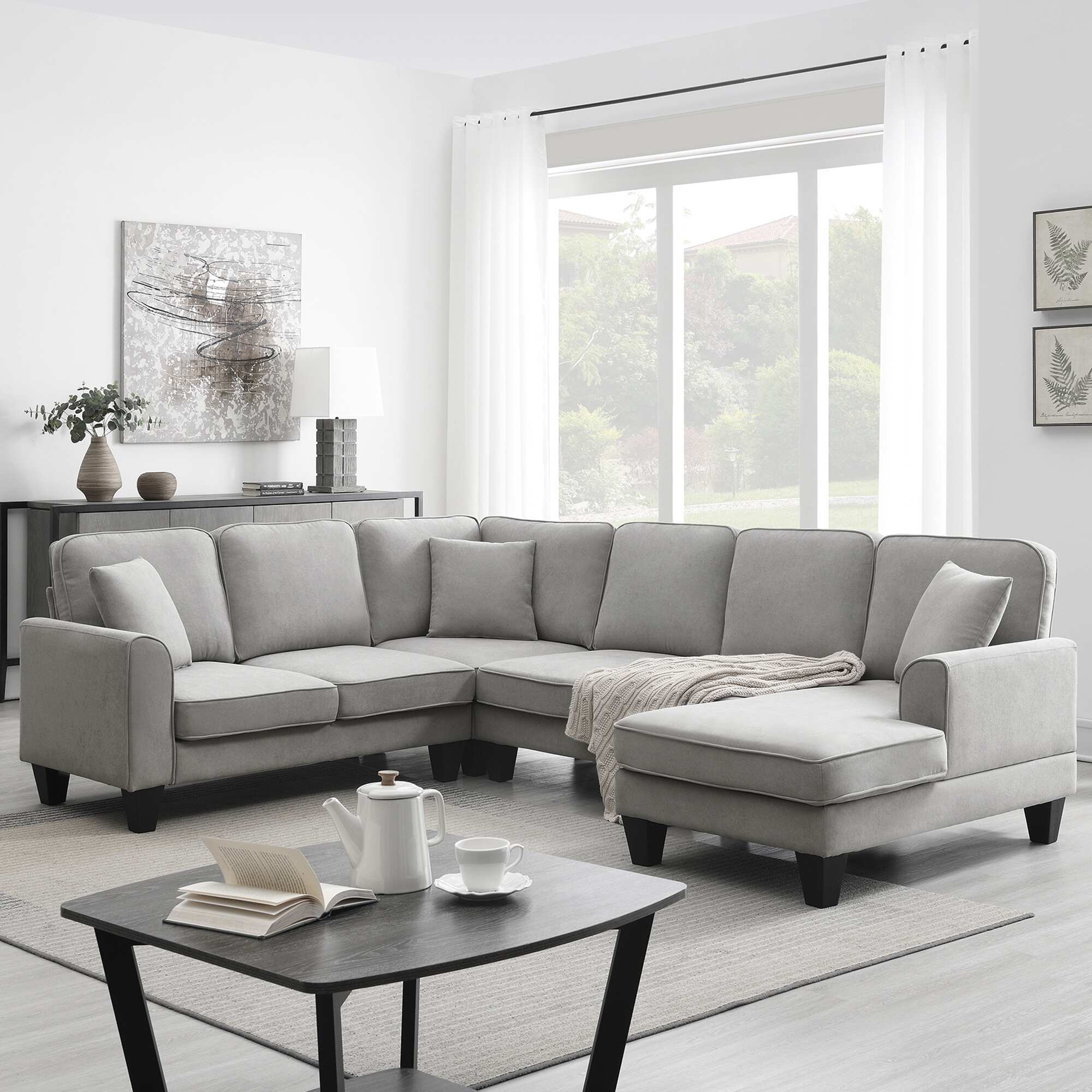 Modern U Shape Sectional Sofa Set 7 Seat Fabric Sofa Couch with 3 Pillows and Chaise Lounge for Living Room Apartment Beige