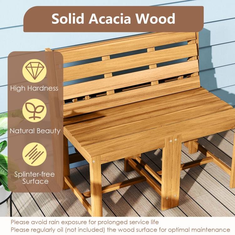 Natural Acacia Wood Convertible Loveseat Table Bench 3-in-1 Outdoor - 21.5" x 35.5" x 31.5"