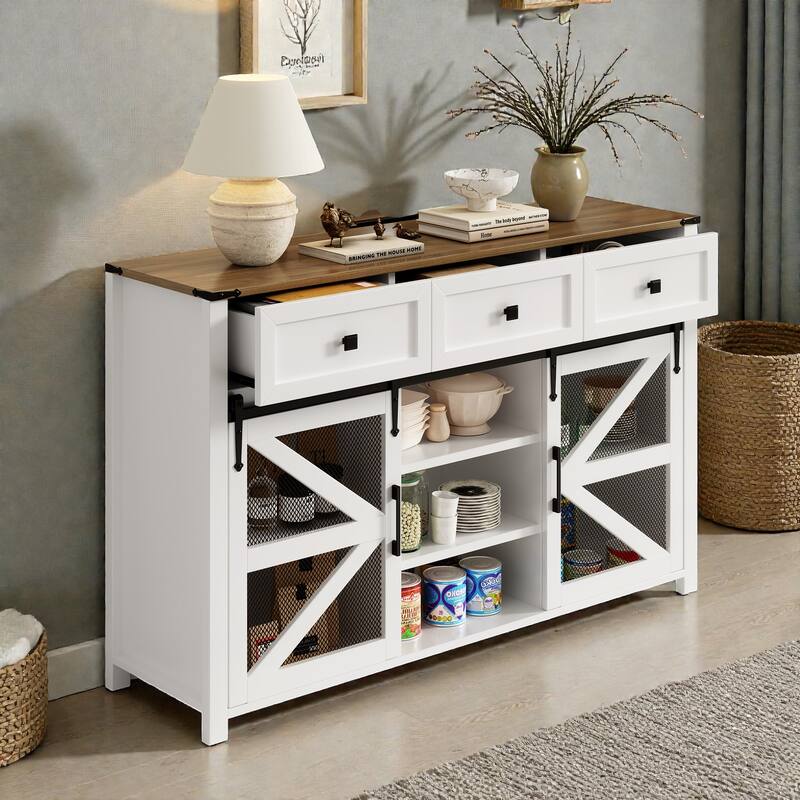 55" Sliding Barn Door Sideboard Buffet with 3 Drawers, Adjustable Shelves, Metal Mesh Doors & Aluminum Handles